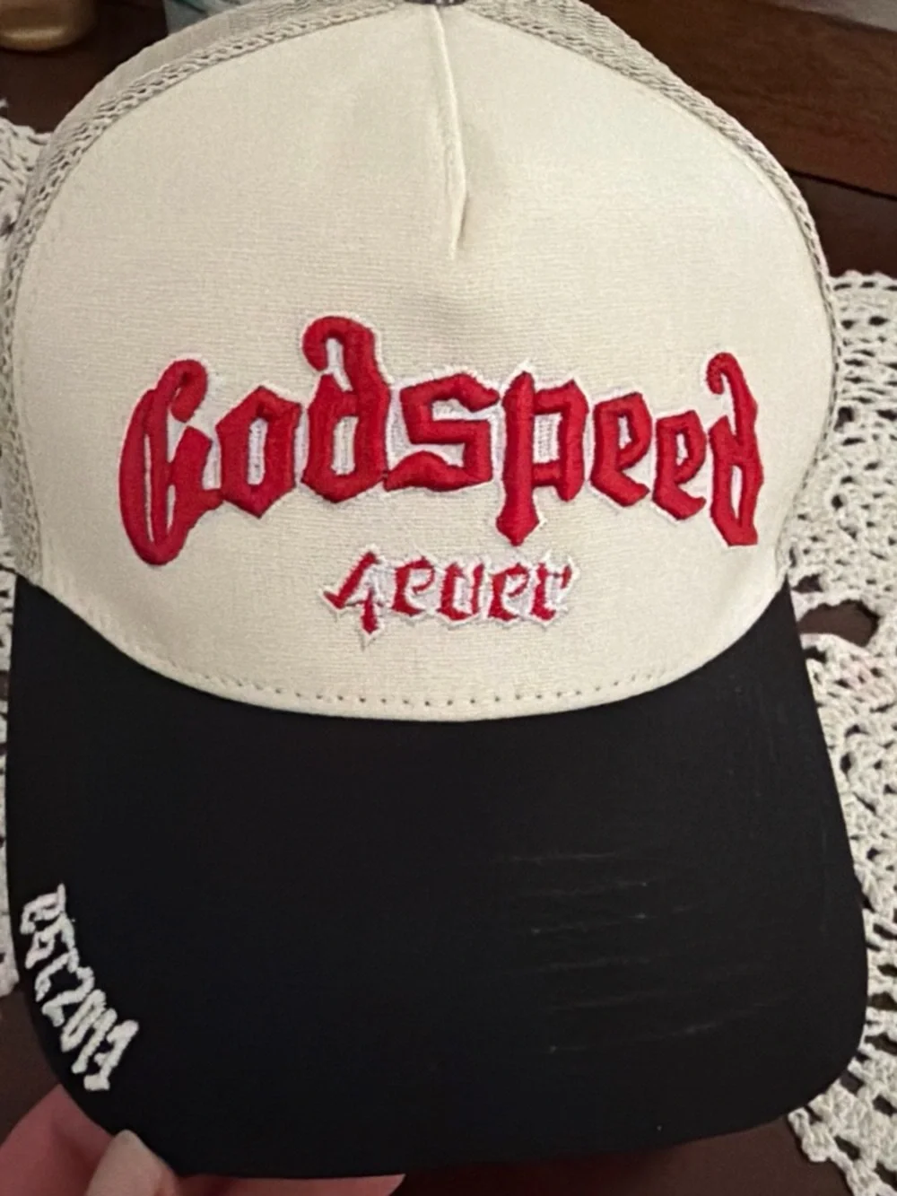Godspeed Fever Embroidered Two-Tone Trucker Hat - Red, Cream, Black